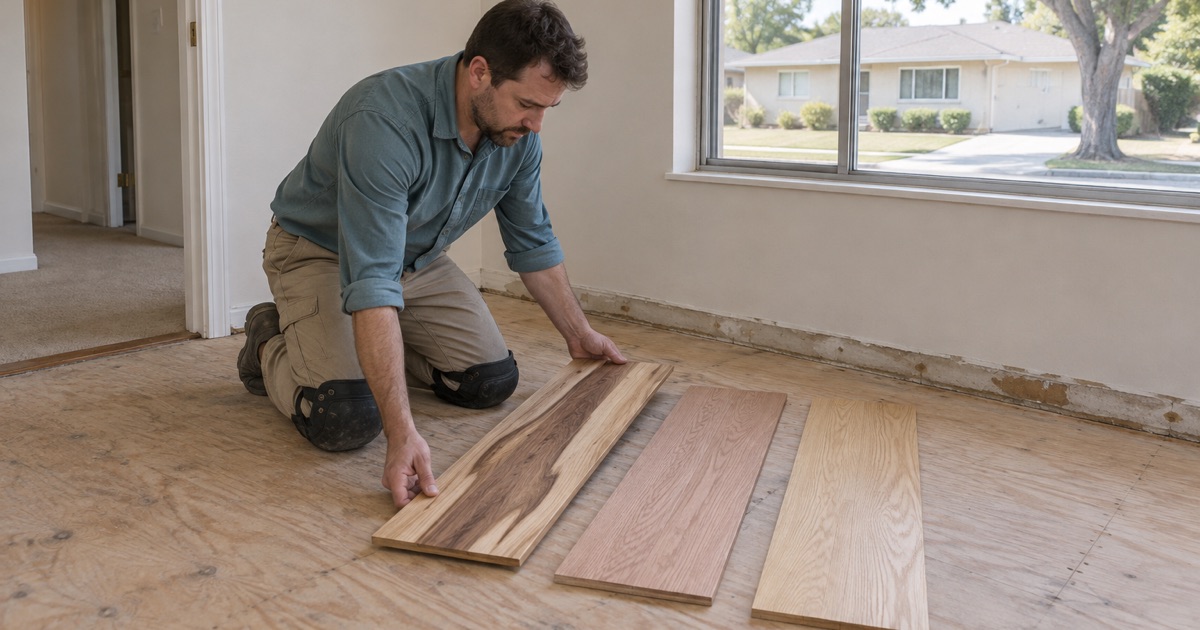 Worker laying hickory, white oak and red oak sample boards side by side on a bare subfloor in an Alhambra house so the owners can compare them in their own light.