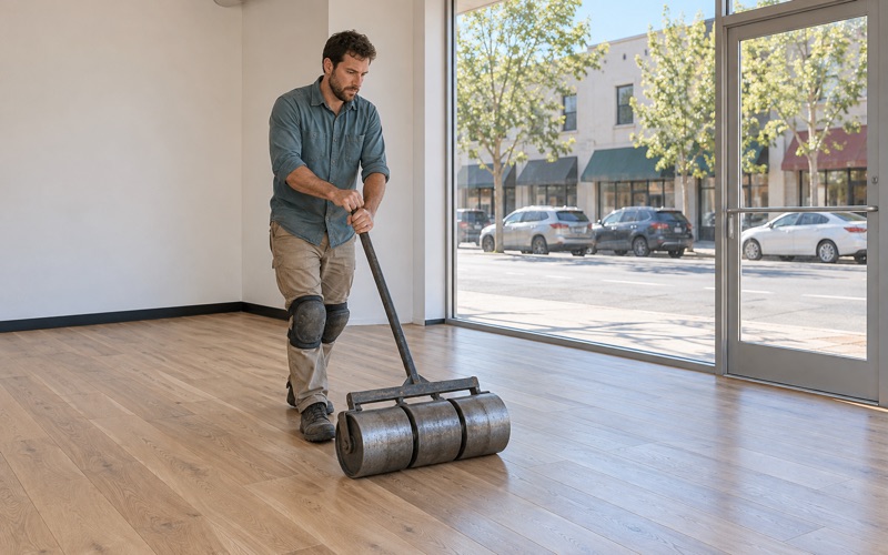 Worker rolling glue-down engineered oak flooring with a weighted floor roller in an empty storefront on an Alhambra commercial street.