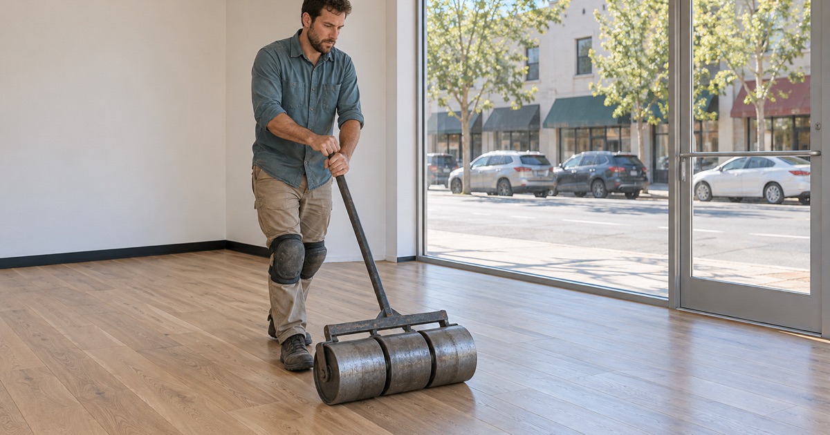 Worker rolling glue-down engineered oak flooring with a weighted floor roller in an empty storefront on an Alhambra commercial street.
