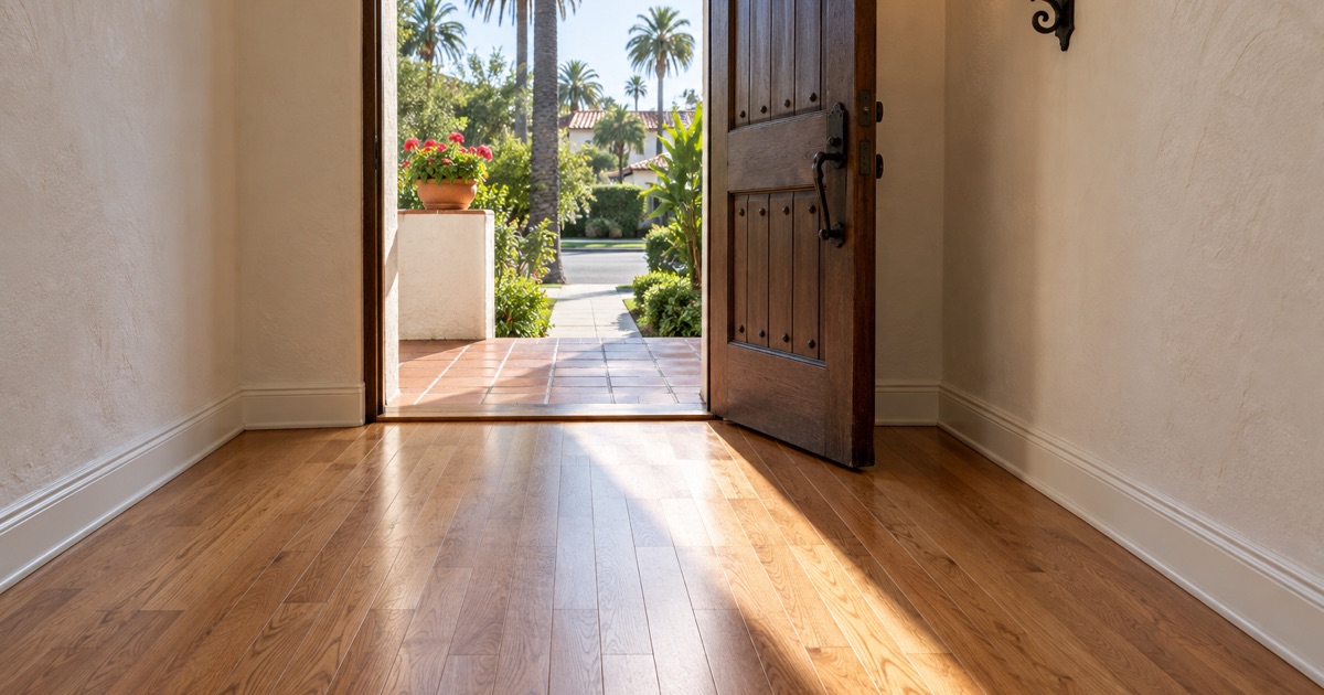Finished red oak floor running to the open arched front door of a Spanish Colonial Revival house in Alhambra, the tiled porch step beyond.
