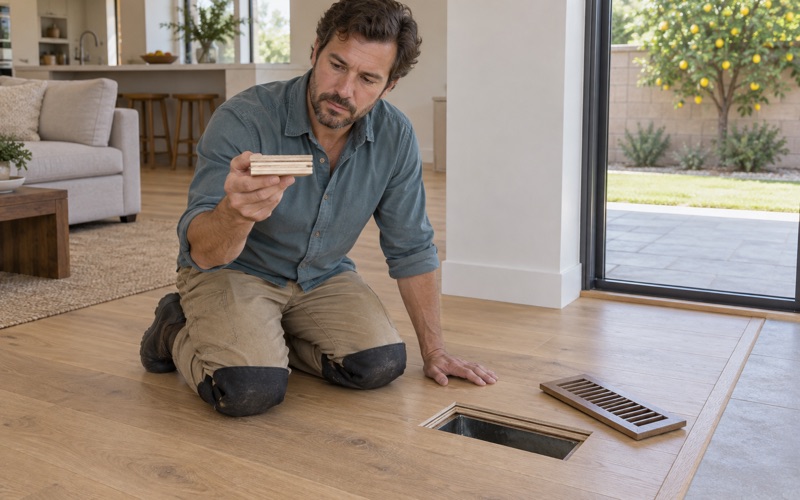 Worker holding an engineered oak offcut beside a lifted floor register in an Alhambra home to show how thin the wear layer is before a sanding is promised.