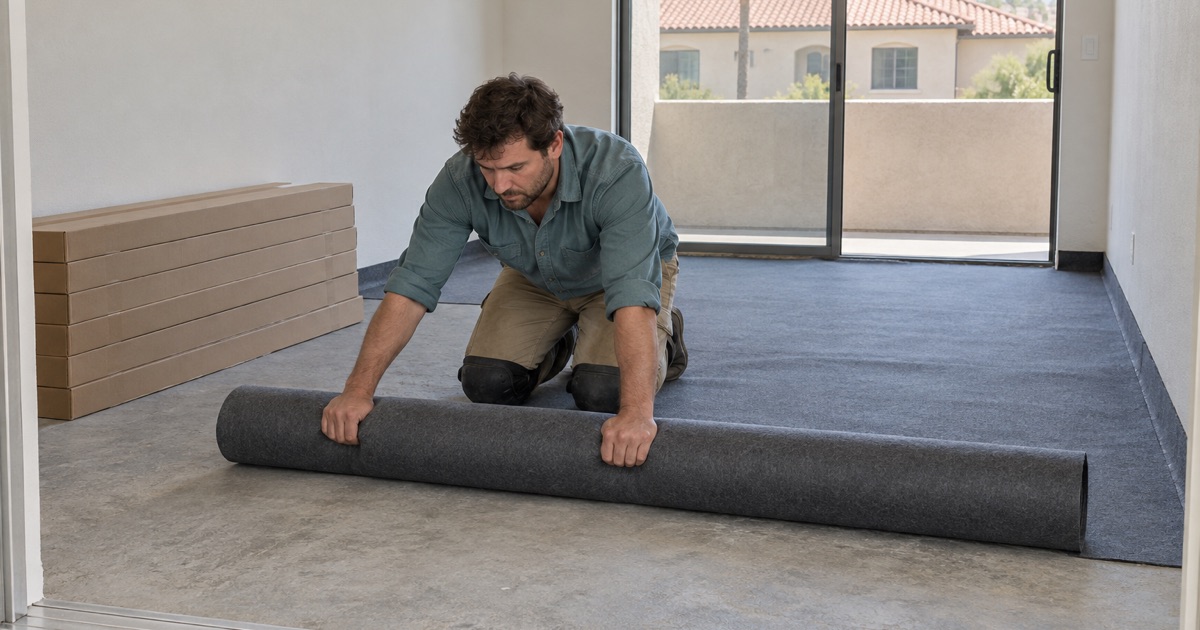 Worker unrolling acoustic underlayment across a concrete deck in an empty upstairs condominium unit in Alhambra before engineered oak planks go down.