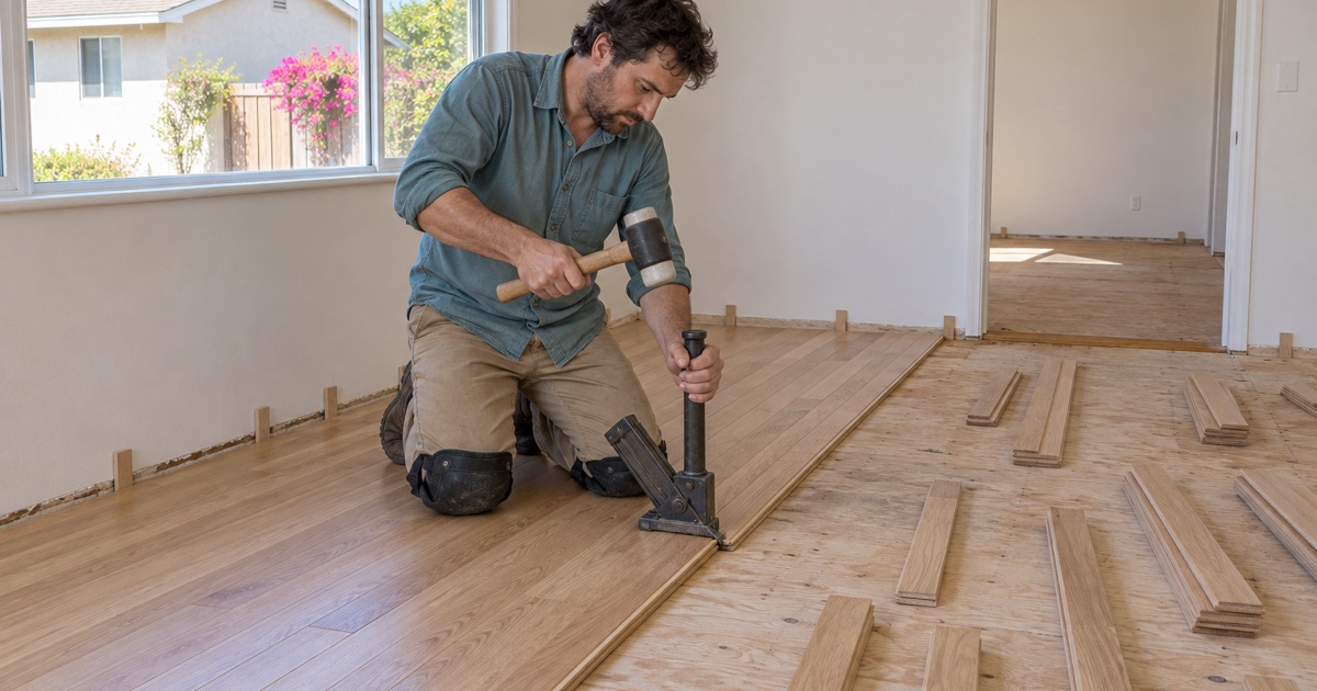Worker driving a flooring nailer along the tongue of a solid oak board over a plywood subfloor in an Alhambra house.