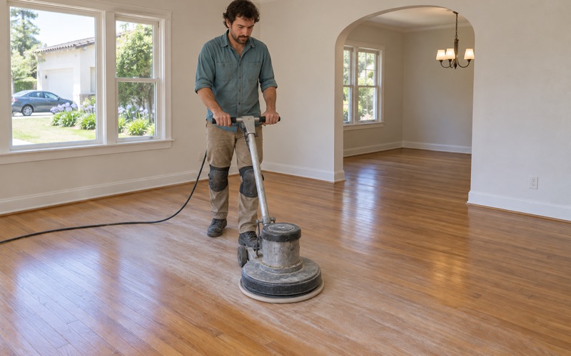 Worker running a floor buffer with a screening pad over an oak floor in an Alhambra home to prepare it for a fresh coat of finish.