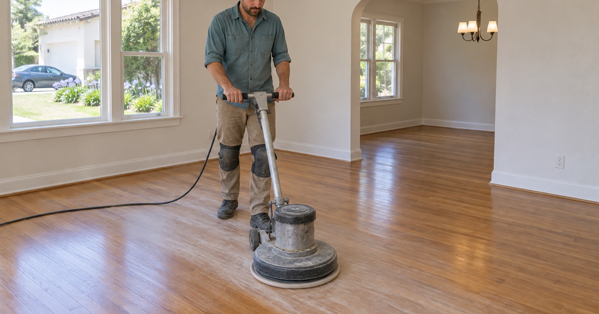 Worker running a floor buffer with a screening pad over an oak floor in an Alhambra home to prepare it for a fresh coat of finish.