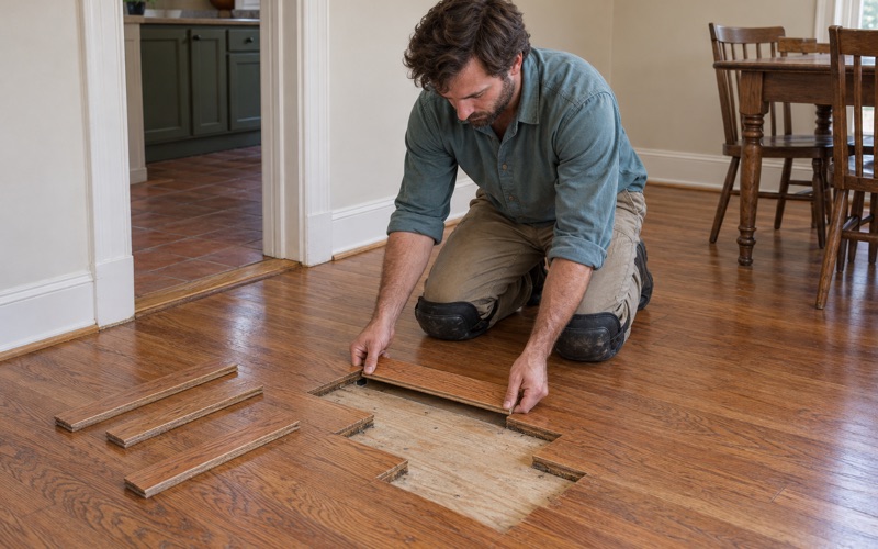 Worker lowering a matched replacement board into a staggered opening in an existing oak floor in Alhambra, woven in so no straight seam shows.
