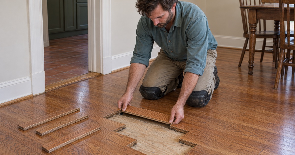 Worker lowering a matched replacement board into a staggered opening in an existing oak floor in Alhambra, woven in so no straight seam shows.