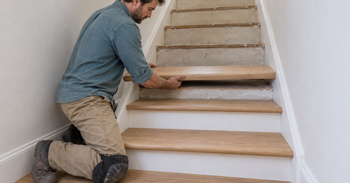 Worker setting a bullnosed white oak retro tread onto a stair in an Alhambra two-story house, finished treads fitted below it.