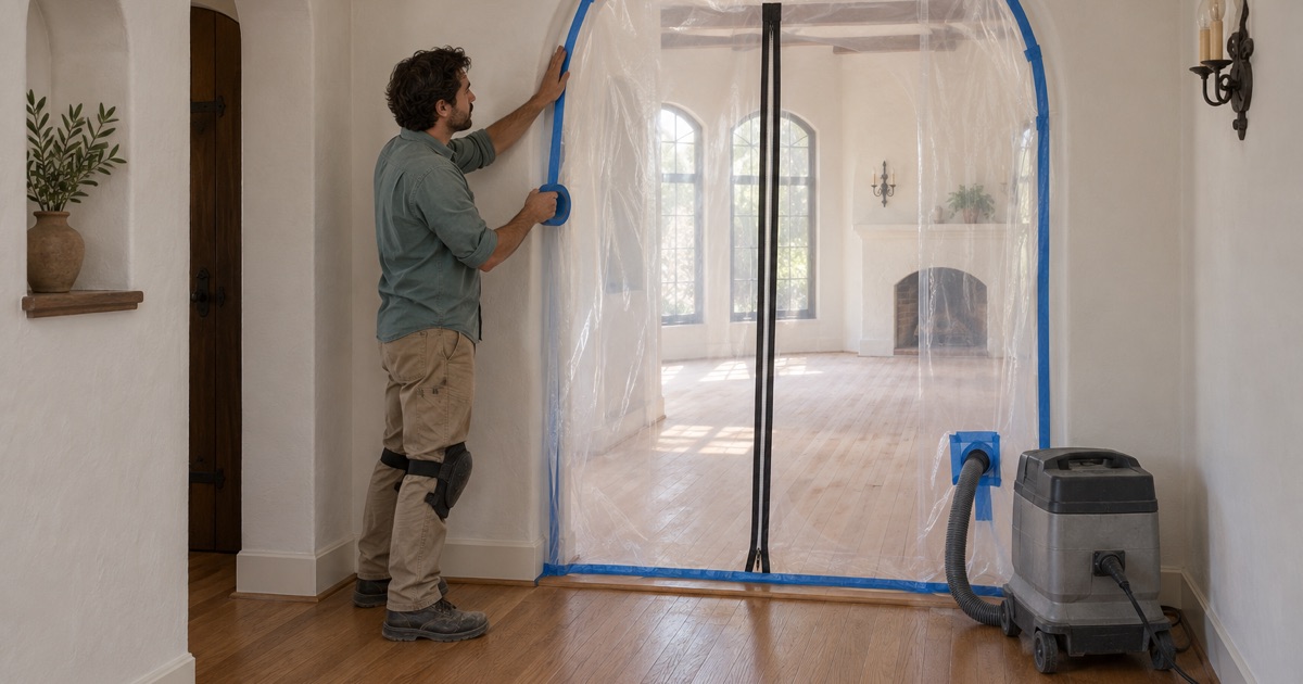 Worker taping a zippered plastic dust wall across a hallway arch while the rest of an Alhambra home stays lived-in behind it.