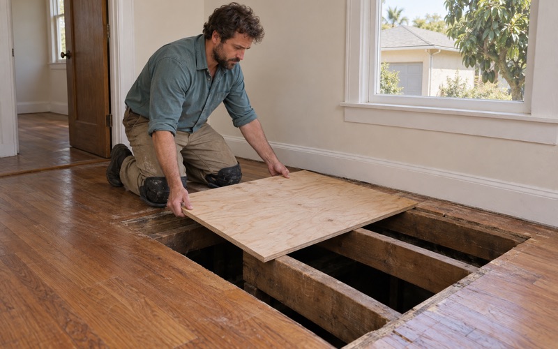 Worker lowering a new plywood subfloor panel onto exposed joists after rotted subfloor was cut out beneath an Alhambra oak floor.