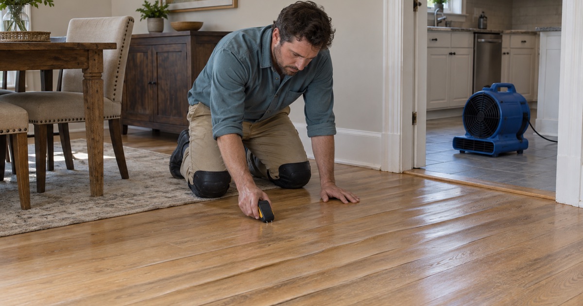 Worker checking cupped oak boards with a moisture meter beside a kitchen doorway in Alhambra where a leaking supply line soaked the floor.