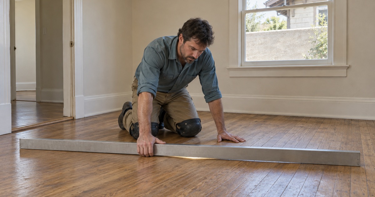 Worker laying a long straightedge across a sagging oak floor in an older Alhambra bungalow, daylight showing beneath the middle of the bar.