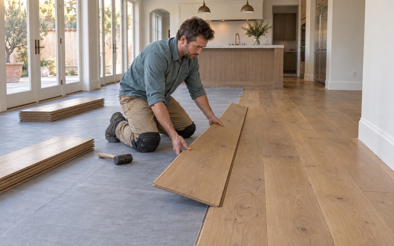 Worker lowering a long wide-plank white oak board into an open-plan room in Alhambra, its far end resting on the floor.