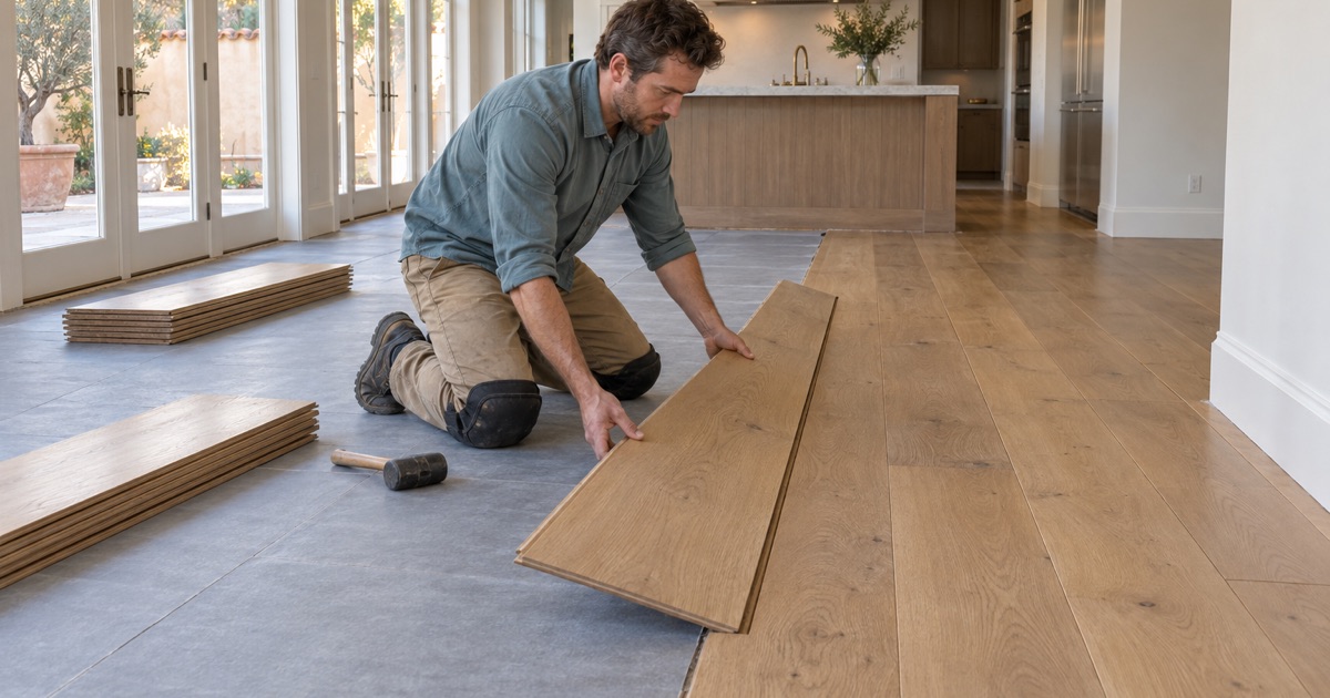 Worker lowering a long wide-plank white oak board into an open-plan room in Alhambra, its far end resting on the floor.