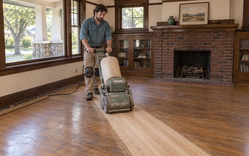 Worker running a drum sander along red oak strip flooring in an Alhambra Craftsman bungalow, a pale band of bare wood opening up behind the machine.