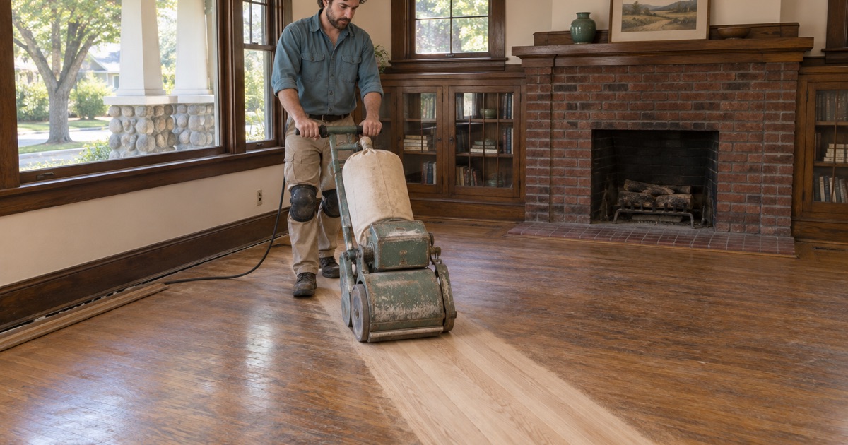 Worker running a drum sander along red oak strip flooring in an Alhambra Craftsman bungalow, a pale band of bare wood opening up behind the machine.