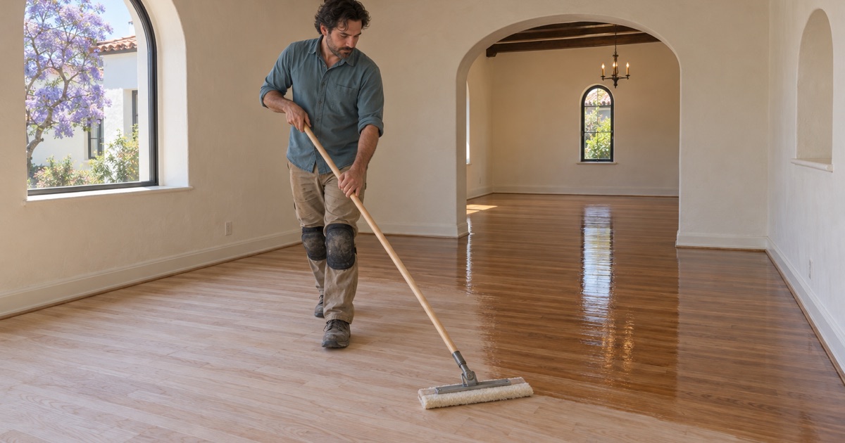 Worker drawing a finish applicator backwards across freshly sanded red oak in a Spanish Colonial Revival living room in Alhambra, an arched plaster opening behind him.